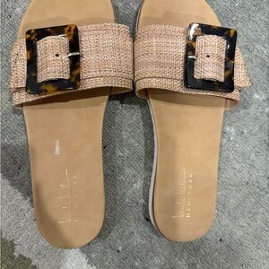 Nicole Miller Tan Sandals with Woven Strap and Brown Buckle